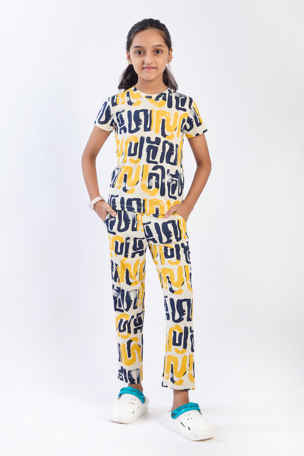 ONE SKY Girls' Cotton Co-ord Set | Abstract Print Tee & Pants | Casual 2-Piece | Ages 3-14 Years