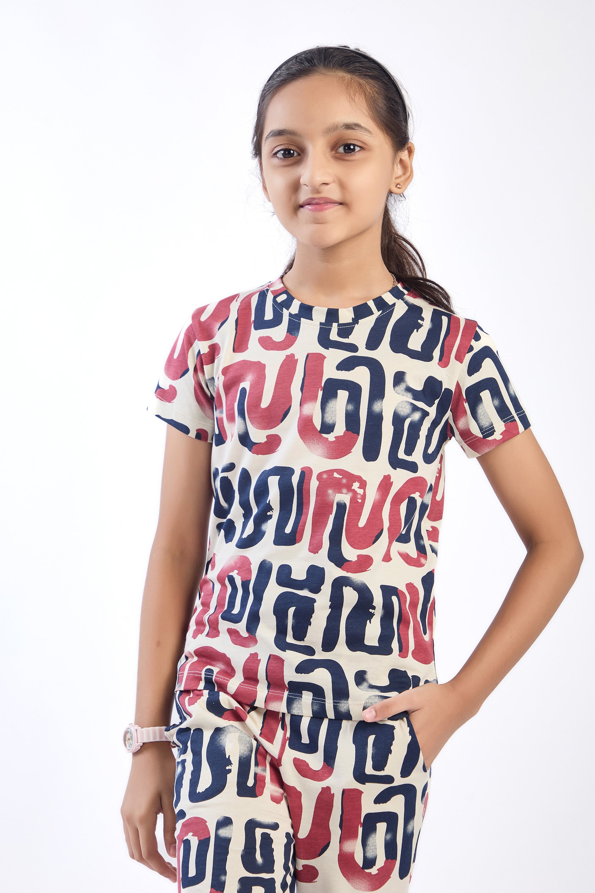ONE SKY Girls' Cotton Co-ord Set | Abstract Print Tee & Pants | Casual 2-Piece | Ages 3-14 Years