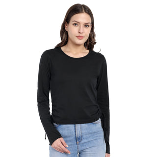 Women Black Pure Cotton Textured Neckline Top