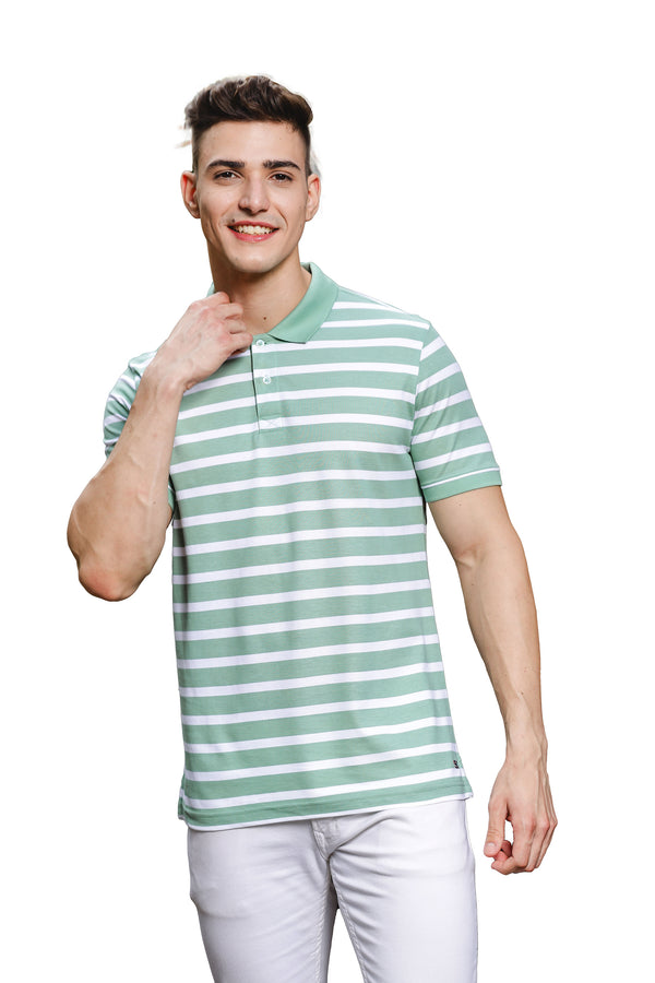 ONE SKY MEN SMOKE GREEN STRIPES POLO T SHIRT