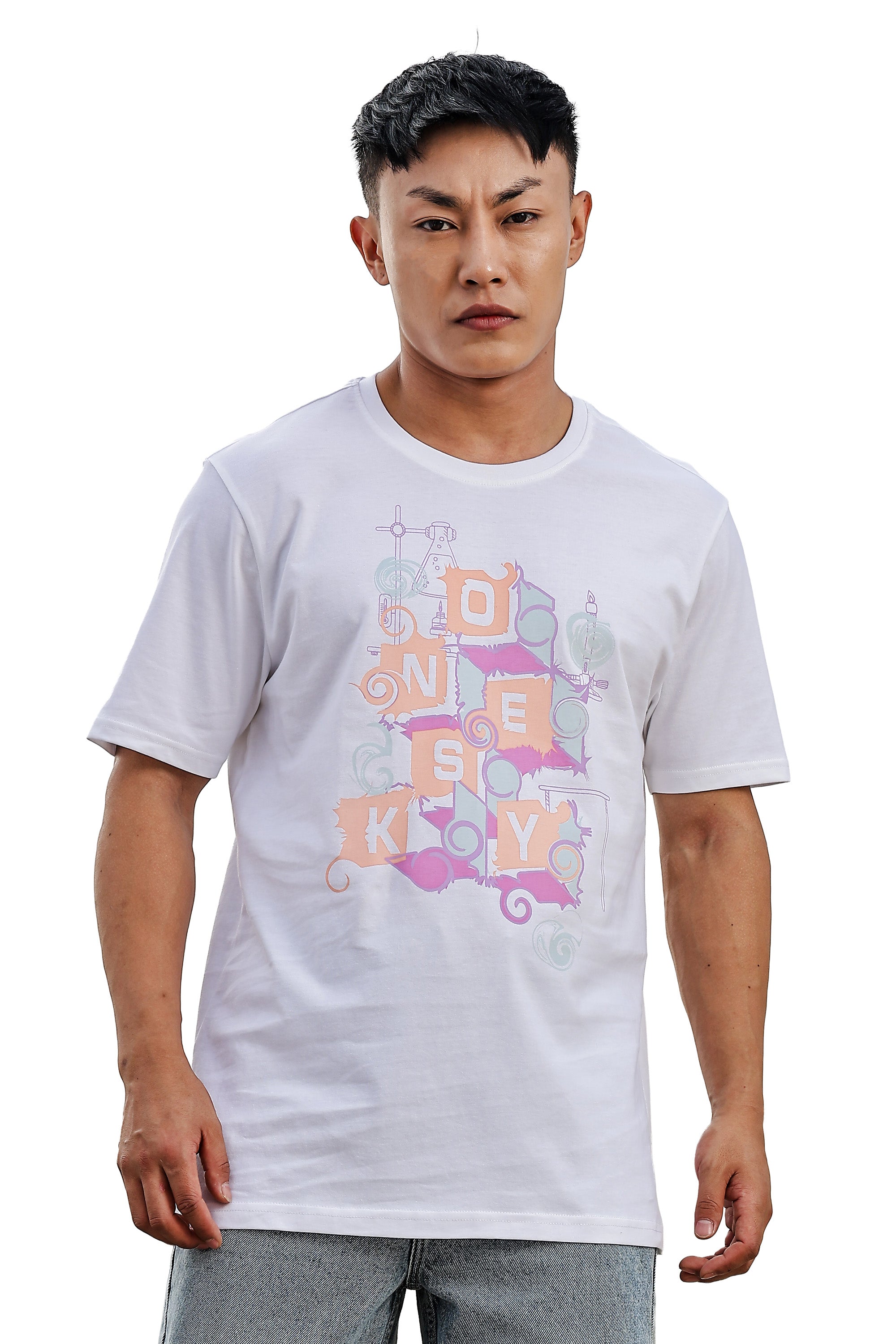 MEN ROUND NECK WHITE PRINTED T SHIRT