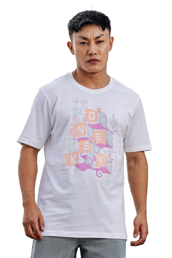 MEN ROUND NECK WHITE PRINTED T SHIRT