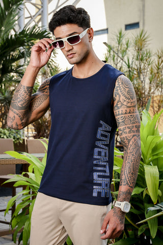 ONE SKY Men's Cotton Stretch Sleeveless Tank Top | Typography Print | Round Neck | Casual Pullover