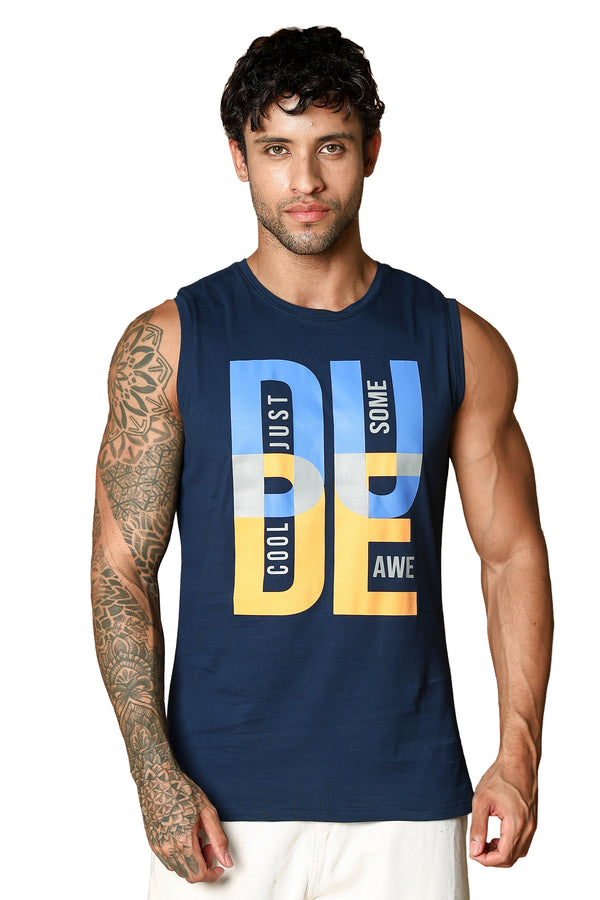 MEN PAGEANT BLUE PRINTEDD SLEEVELESS T SHIRT