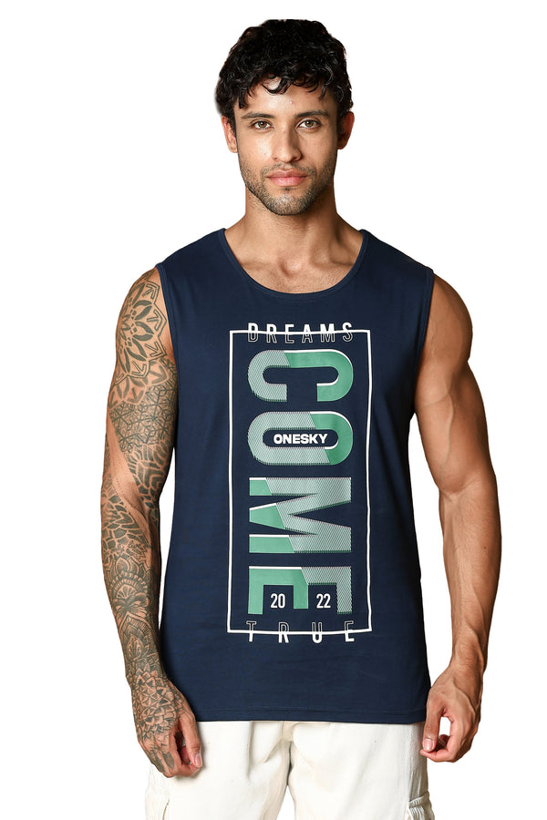 MEN NAVY PEONY PRINTED TANK TOP