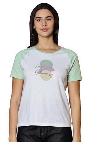 WOMEN LAUREL GREEN RAGLAN SLEEVES PRINTED T SHIRT