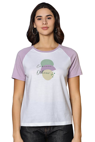 WOMEN MAUVE SHADOW RAGLAN SLEEVES PRINTED T SHIRT