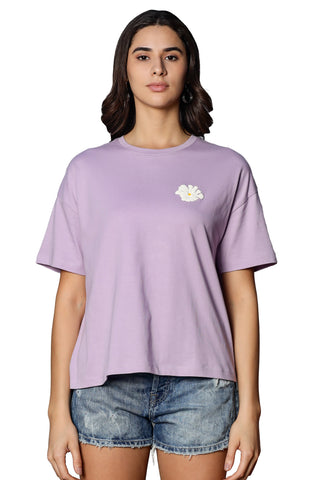 WOMEN LAVENDER FOREST DROP SHOULDER SLEEVES PRINTED T SHIRT