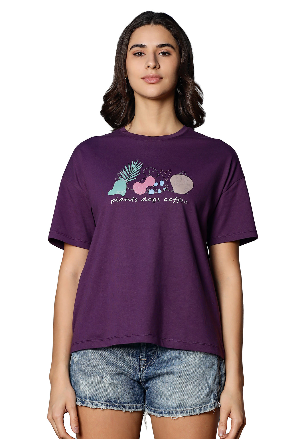 WOMEN DEEP PURPLE DROP SHOULDER SLEEVES PRINTED T SHIRT