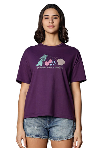 WOMEN DEEP PURPLE DROP SHOULDER SLEEVES PRINTED T SHIRT