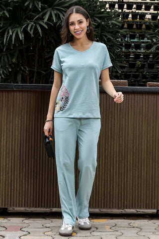 WOMEN V-NECK AQUA HALF SLV  CO-ORD SET