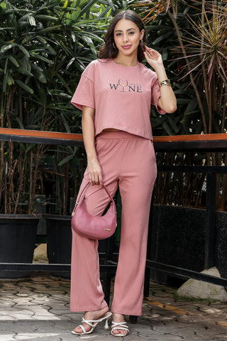 WOMEN ROUND NECK BROWN HALF SLV  CO-ORD SET