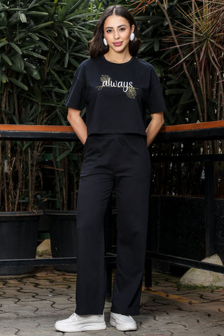 WOMEN ROUND NECK BLACK HALF SLV  CO-ORD SET