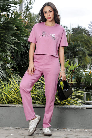 WOMEN ROUND NECK PURPLE HALF SLV  CO-ORD SET