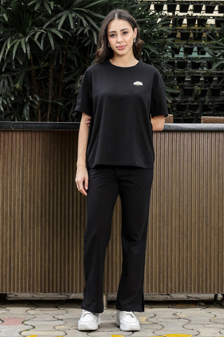 WOMEN ROUND NECK BLACK HALF SLV  CO-ORD SET