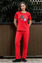 WOMEN ROUND NECK RED HALF SLV  CO-ORD SET