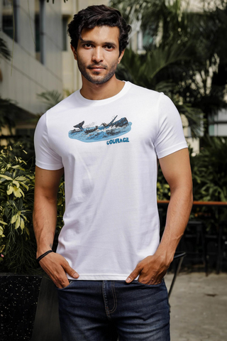 Mens Printed Round Neck White T-Shirt