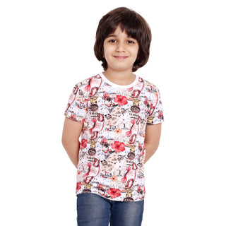 Boys White Printed Round Neck T-Shirt