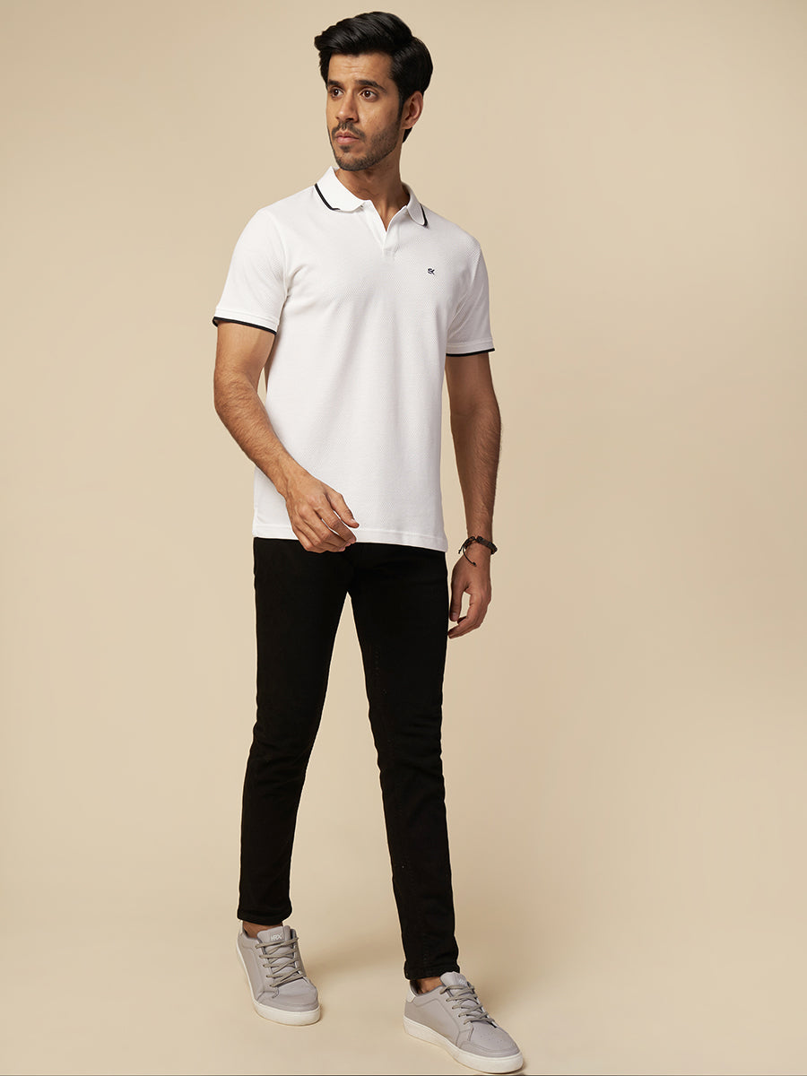 Men Solid Polo Neck Pure Cotton White T-Shirt