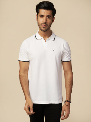 Men Solid Polo Neck Pure Cotton White T-Shirt