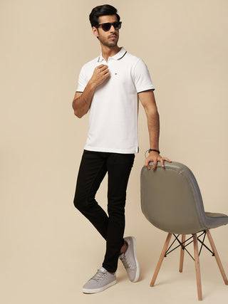 Men Solid Polo Neck Pure Cotton White T-Shirt