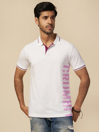 Mens Graphic Print Polo Neck White T-Shirt